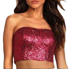 Lulus Red Sequined Crop Tube Top XL Party Club Holiday